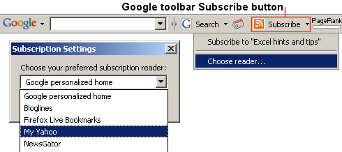 using RSS subscribe button on the google toolbar