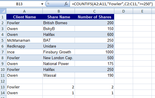 using countifs with excel