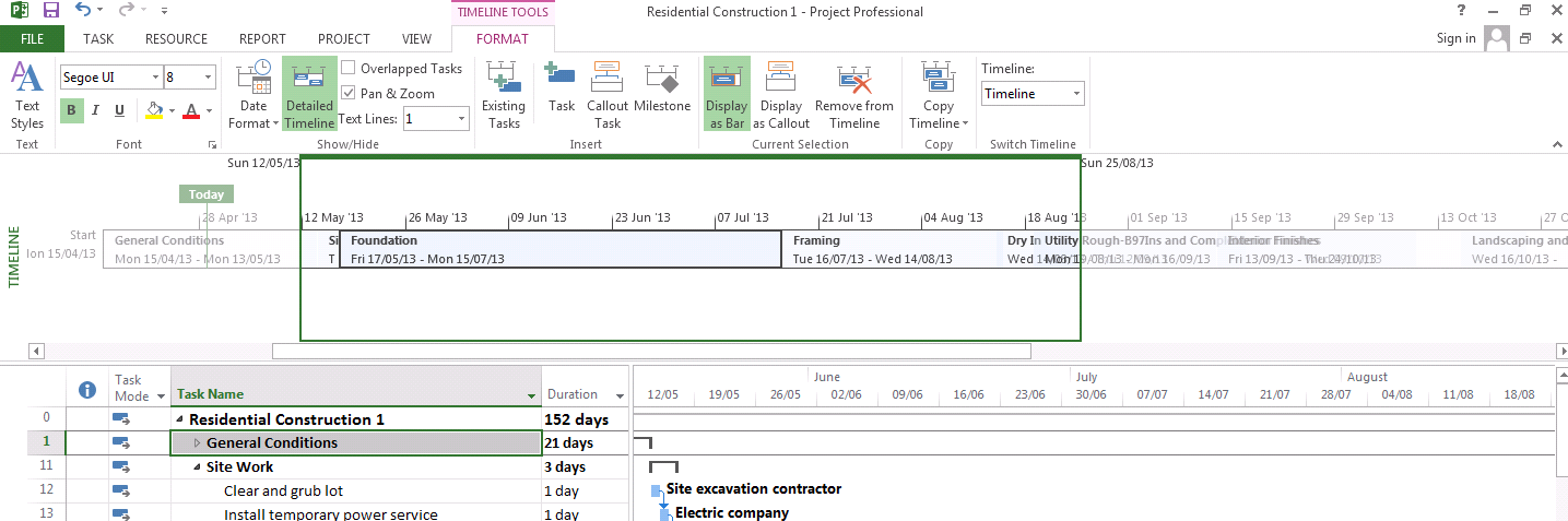 using the timeline feature in ms project
