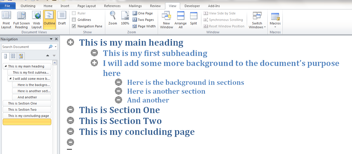 Microsoft Word Outline View